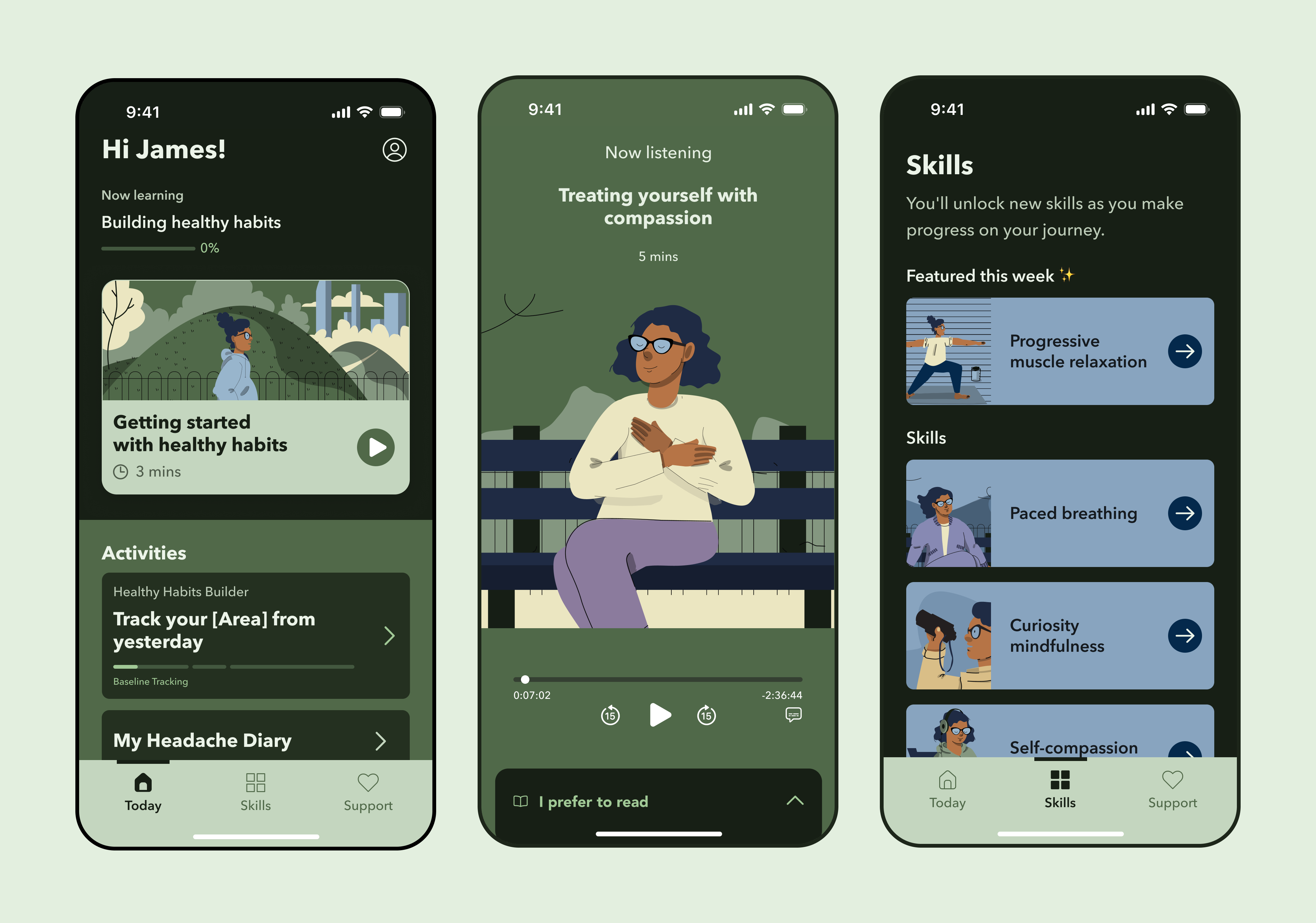 Migraine app screens showing learning modules and educational content with illustrated character walking in a park setting