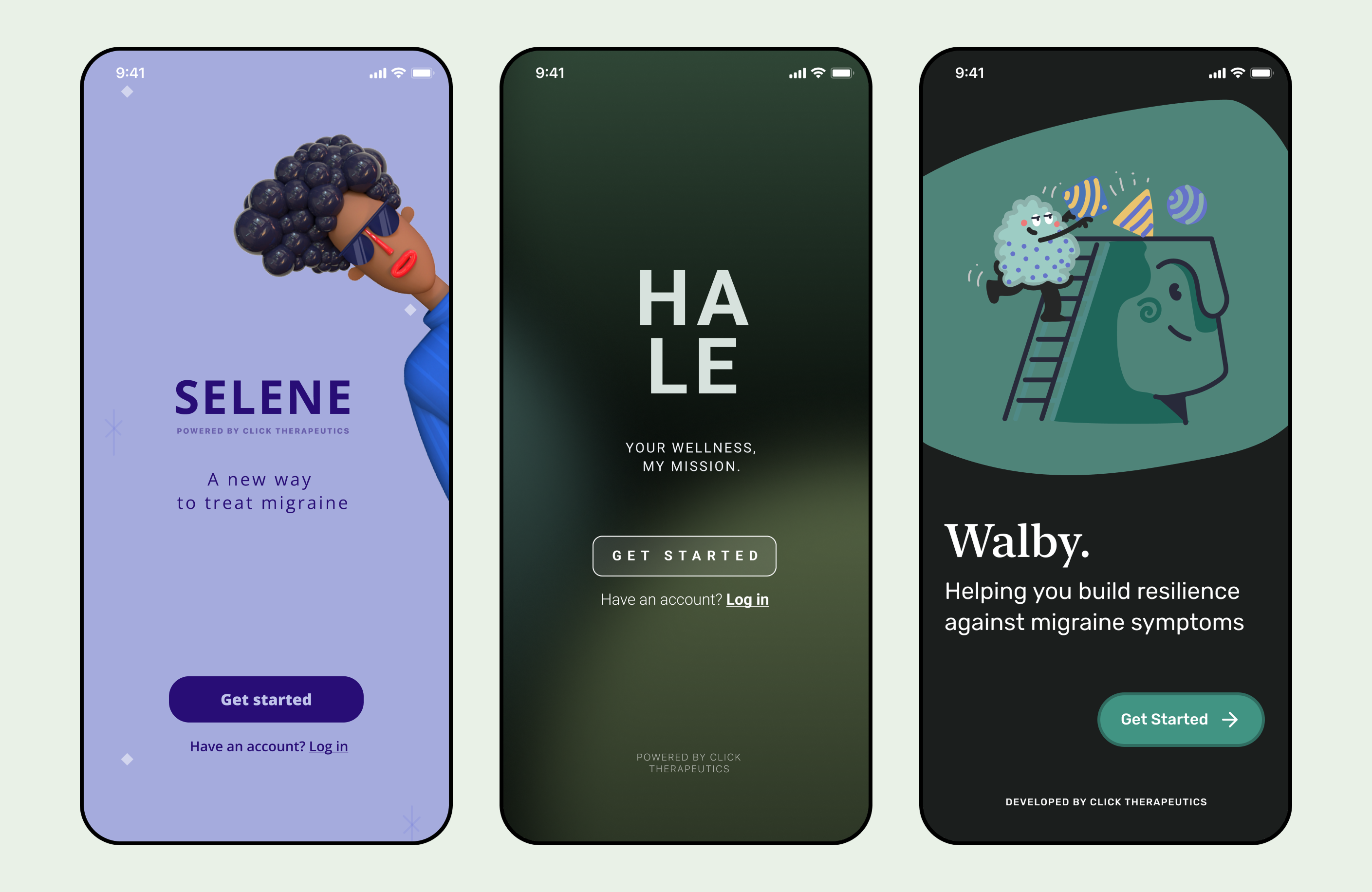 Three distinct app concepts showing different visual approaches for migraine treatment app