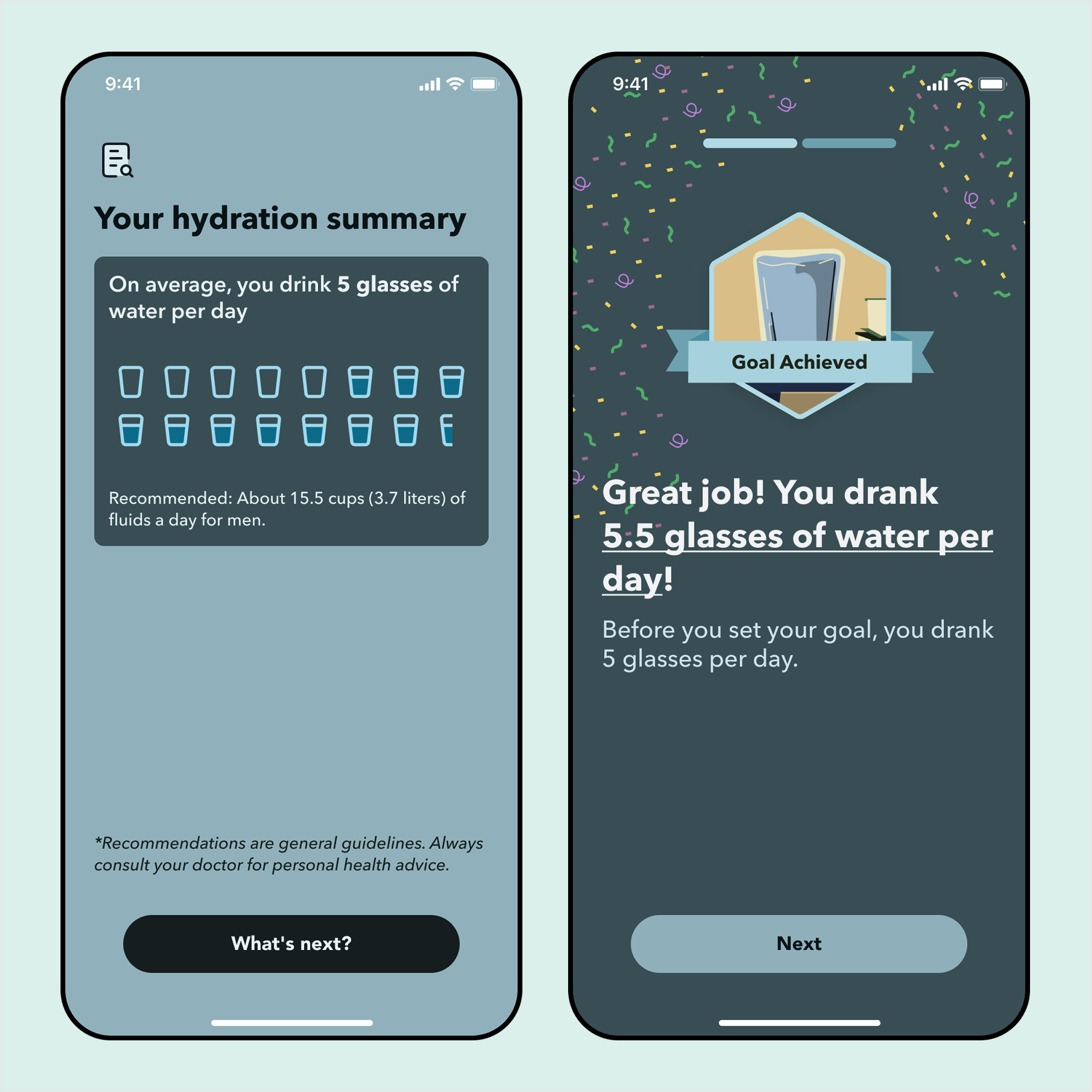 Healthy habits tracking showing hydration summary with water glass visualization and goal achievement celebration