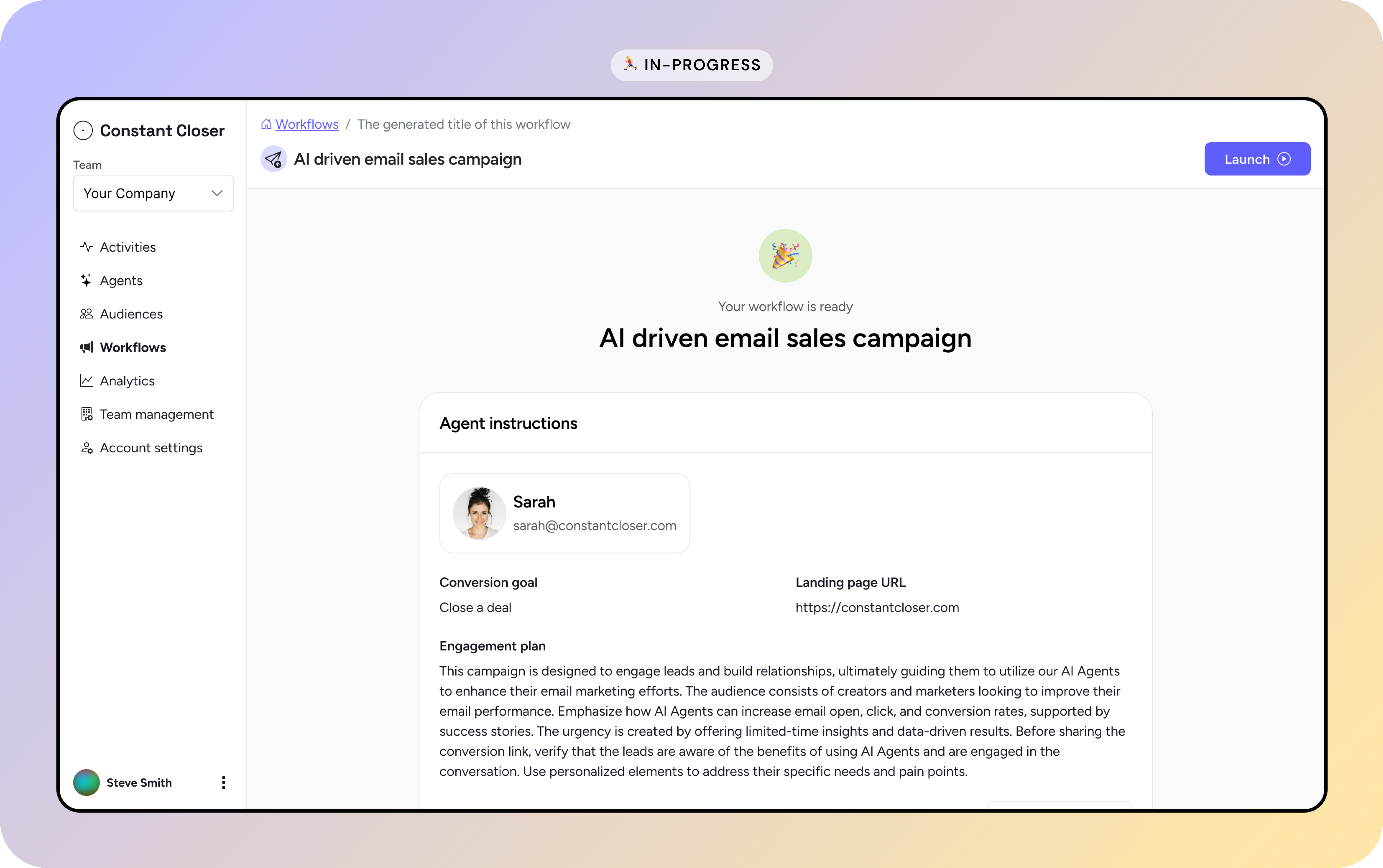 Constant Closer AI sales agent interface showing autonomous selling features