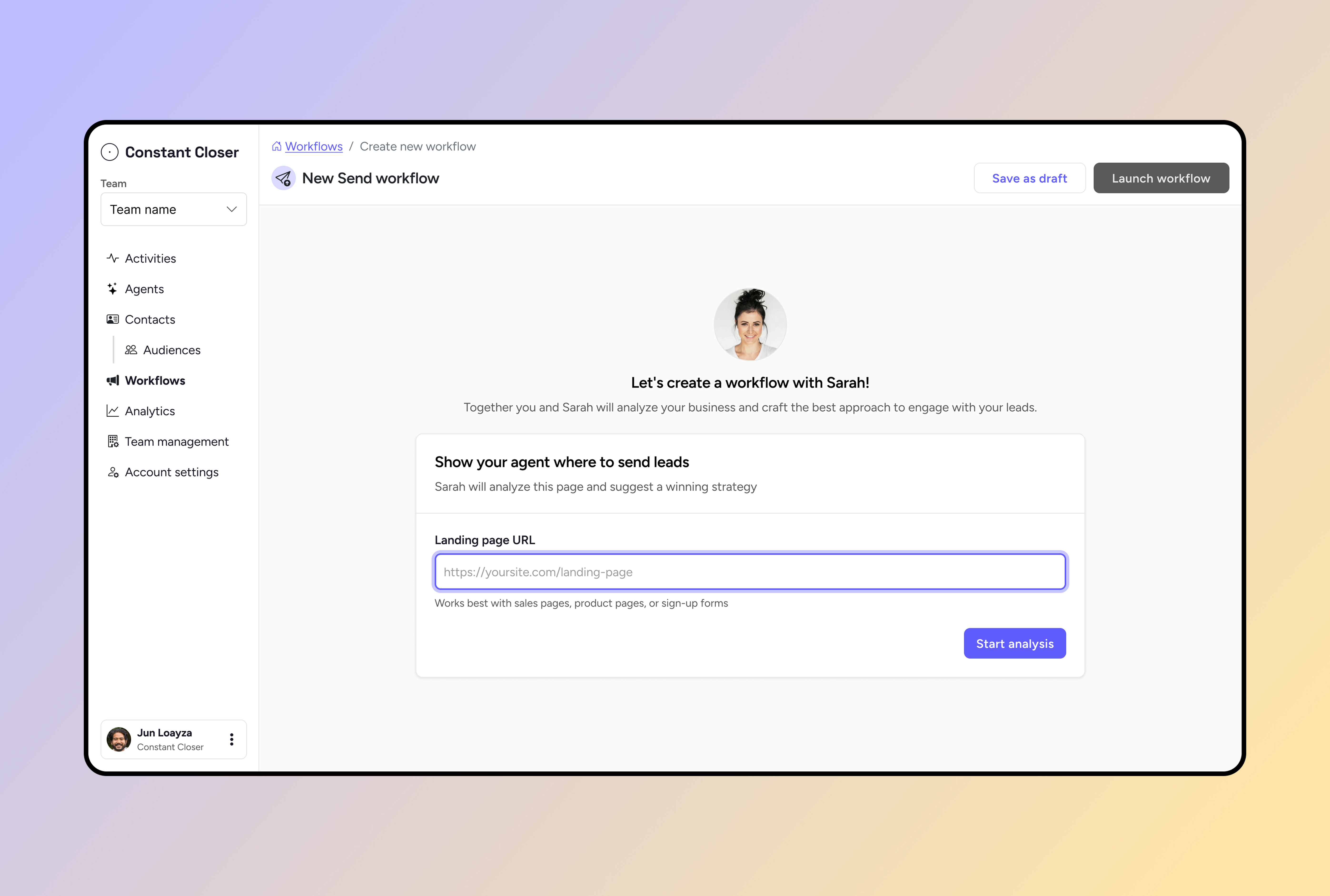 Constant Closer AI sales agent interface showing autonomous selling features