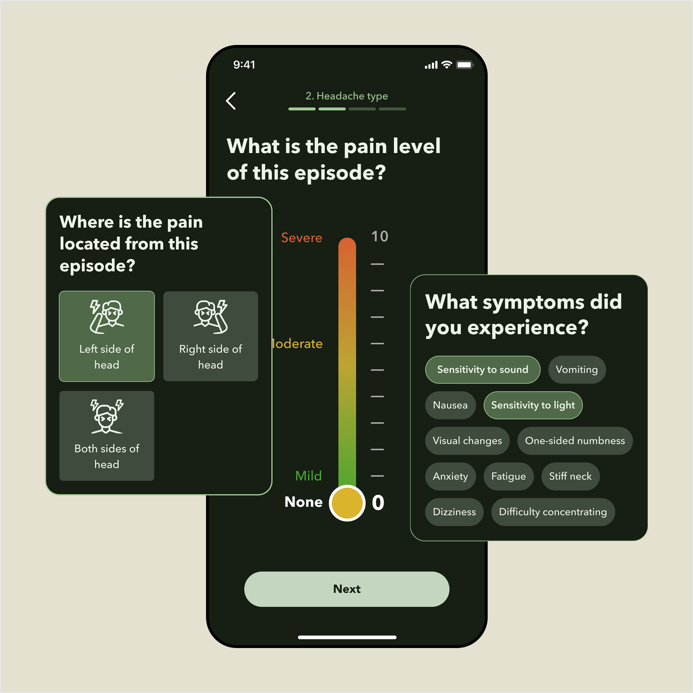 Self-tracking interface for migraine episodes showing pain level slider, location selection, and symptom tracking