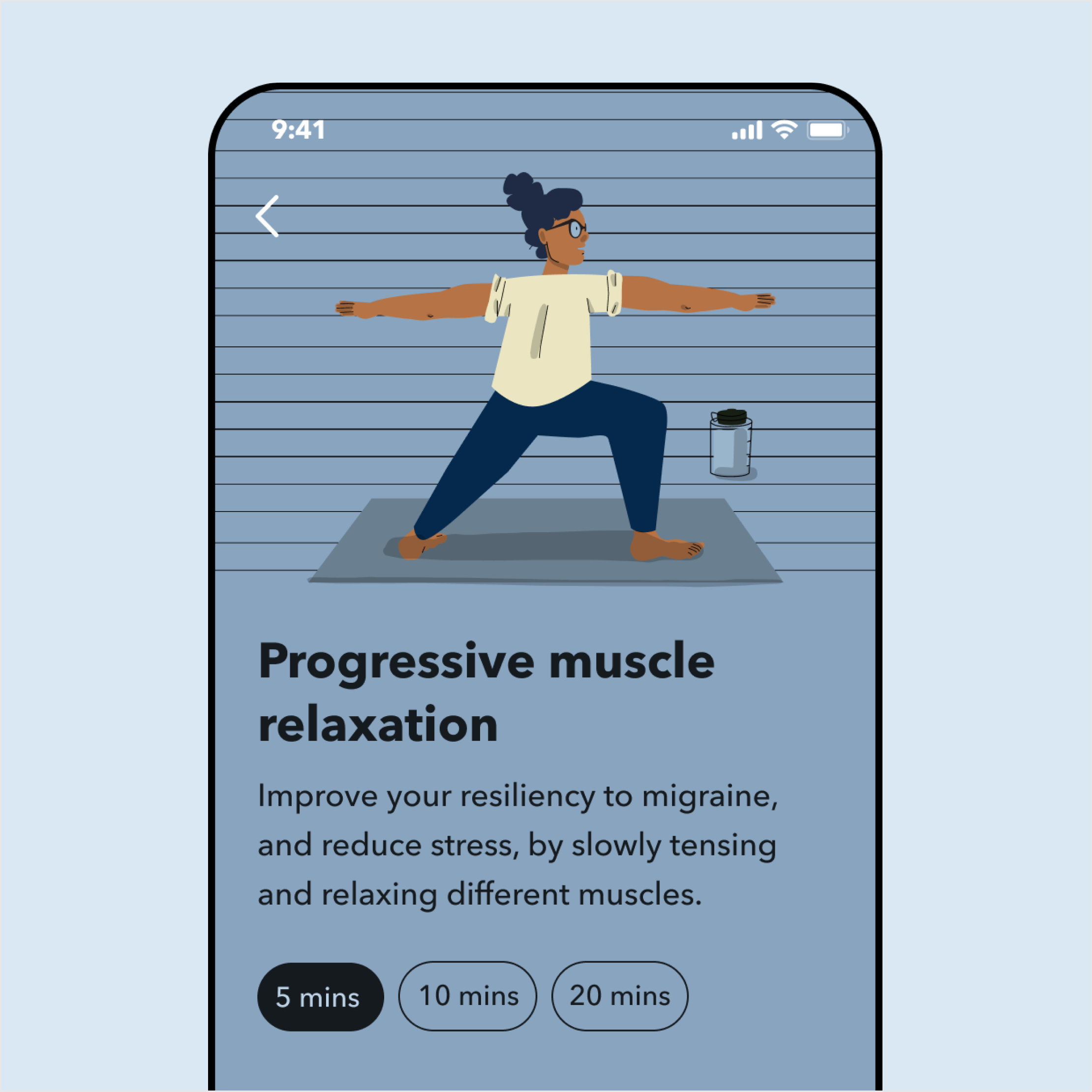 Progressive muscle relaxation exercise interface with illustrated character doing yoga poses and duration options
