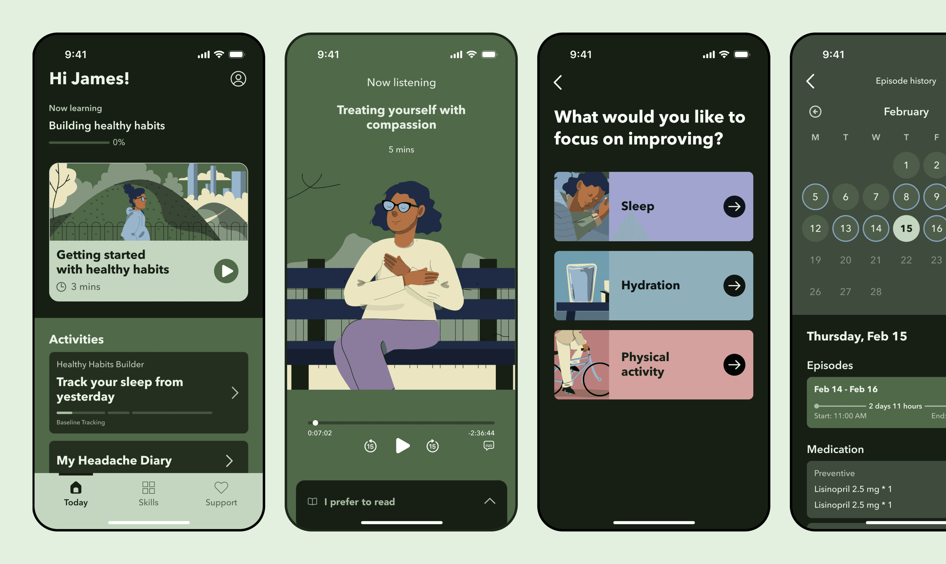 Migraine app screens showing learning modules and educational content with illustrated character walking in a park setting