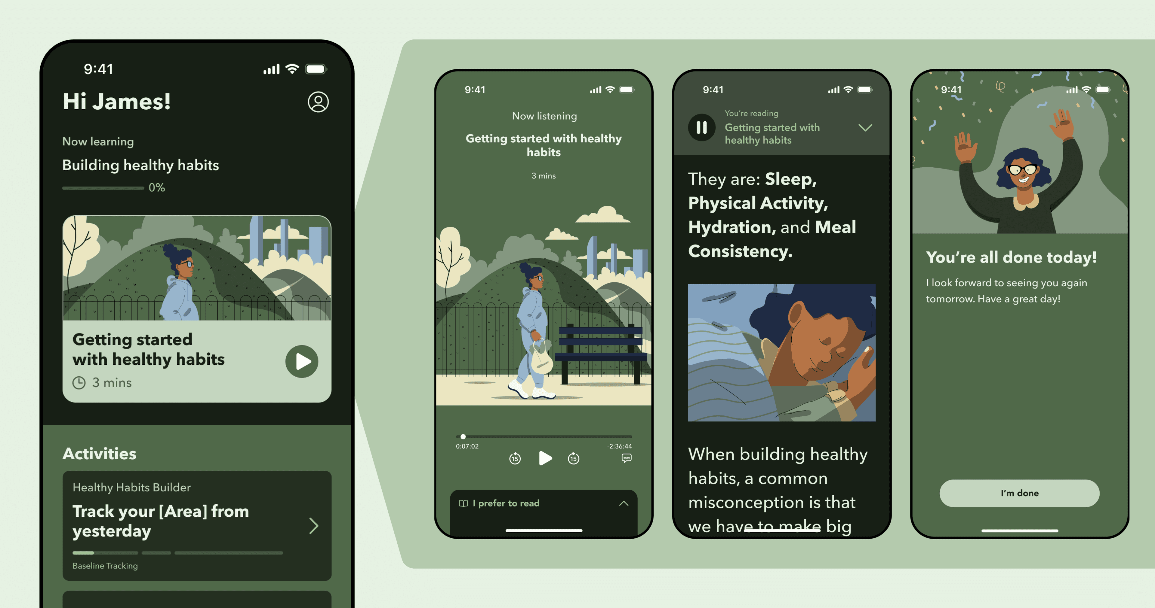 Daily therapeutic lessons interface showing lesson dashboard, pacing plans detail, audio player, and completion celebration