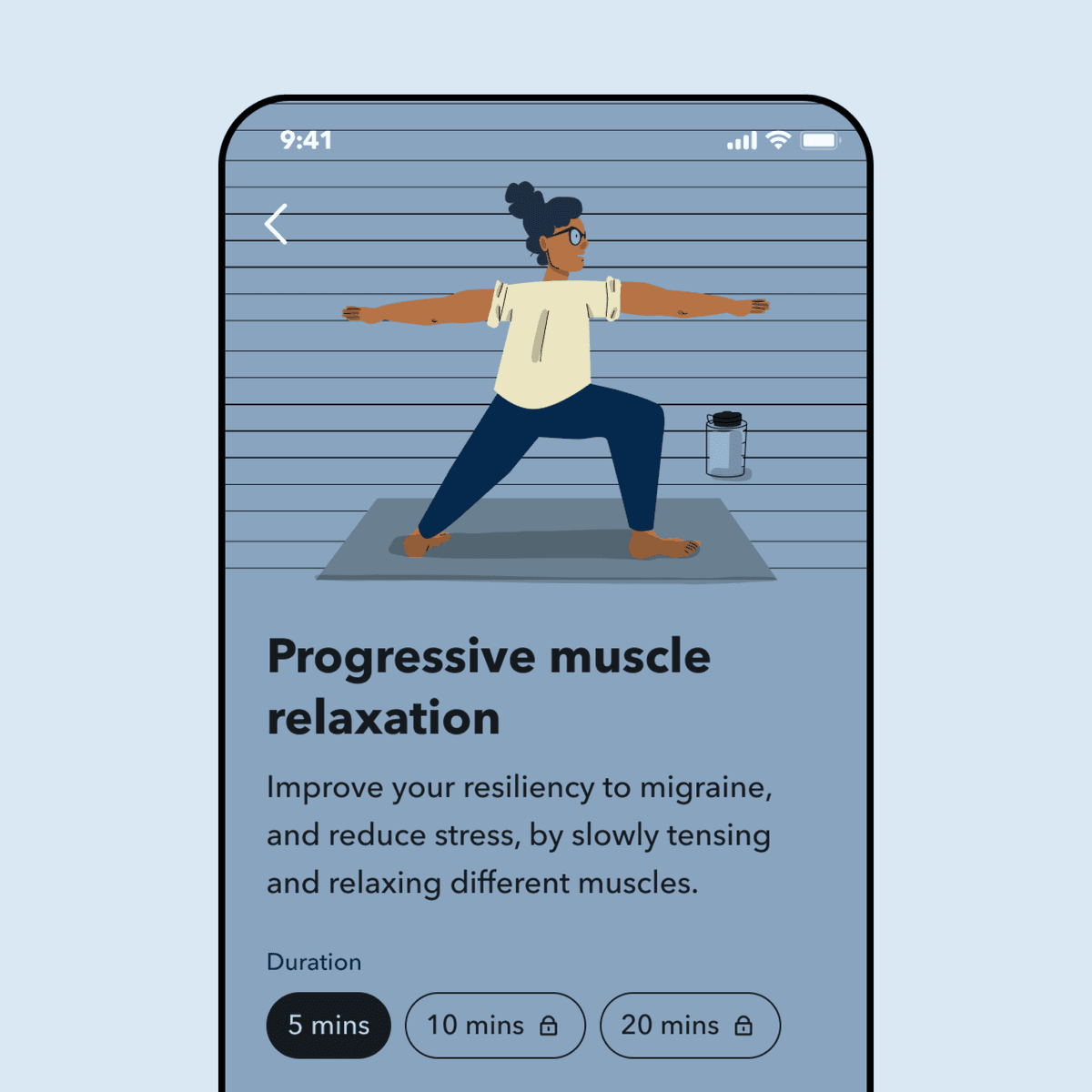 Progressive muscle relaxation exercise interface with illustrated character doing yoga poses and duration options