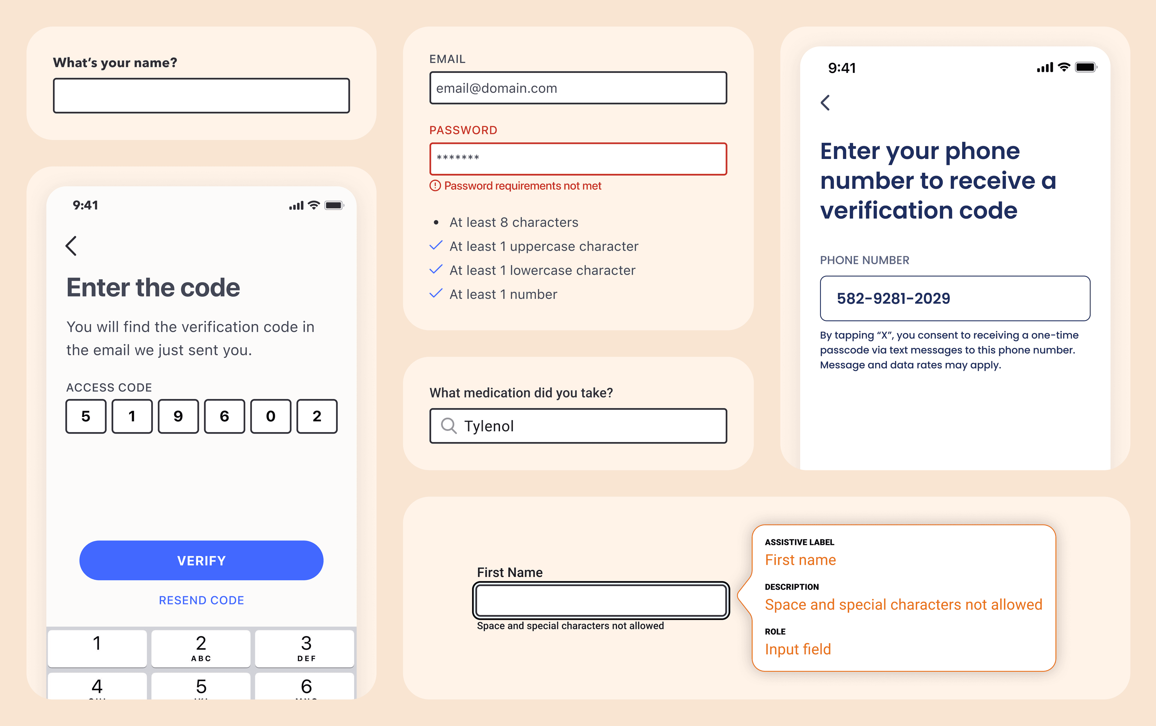 Input field component design showing various states and accessibility features