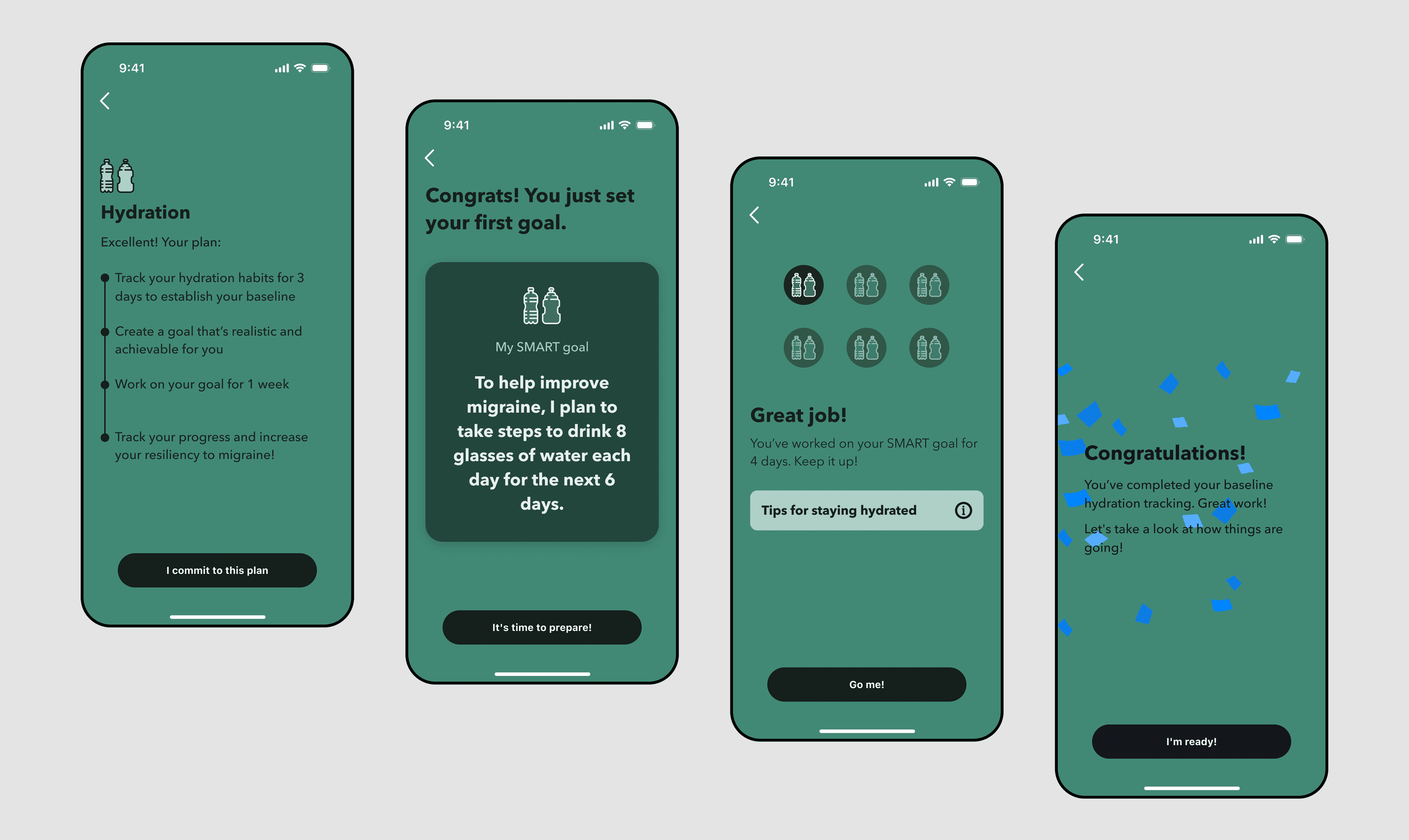 Daily therapeutic lessons interface showing lesson dashboard, pacing plans detail, audio player, and completion celebration