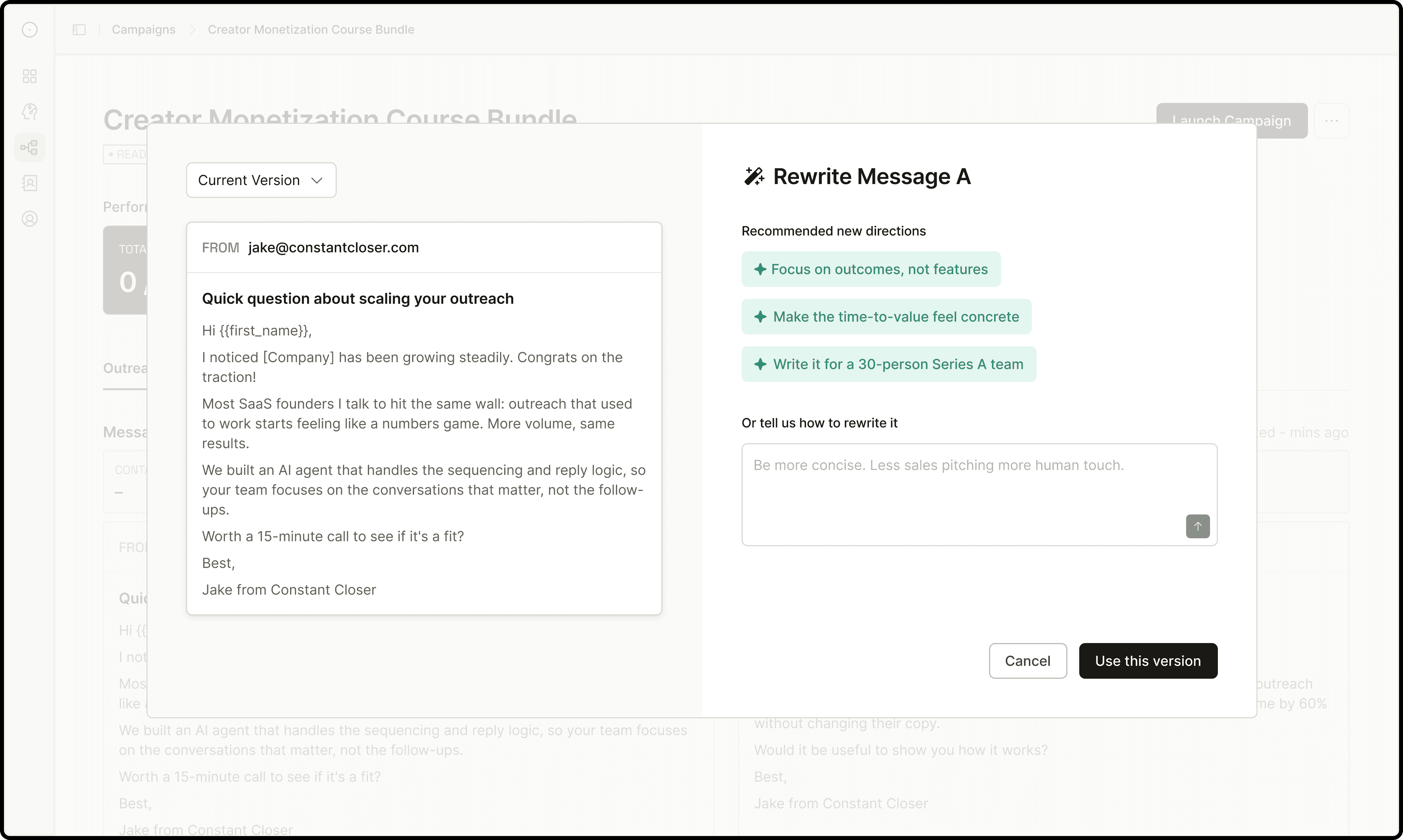 Email rewrite modal