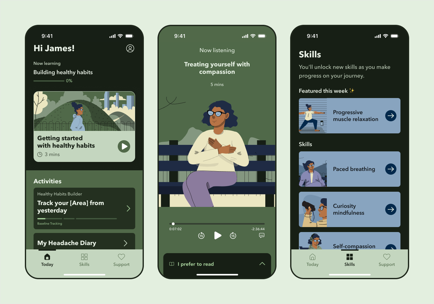 FDA-authorized digital therapeutics app screens showing healthy habits tracking and mindfulness features